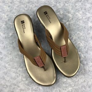White Mountain Gold Tan Slip On Wedge Sandals